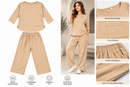 Beige Two-Piece Casual Lounge Set with Pocket Top & Wide-Leg Pants - XL