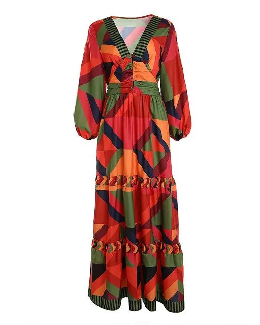 Elegant Geometric Print Lantern Sleeve Maxi Dress V-Neck Europe & America Fashion A Line Long Sleeve Casual Chic Women's Dresses S4603784 - Tuzzut.com Qatar Online Shopping