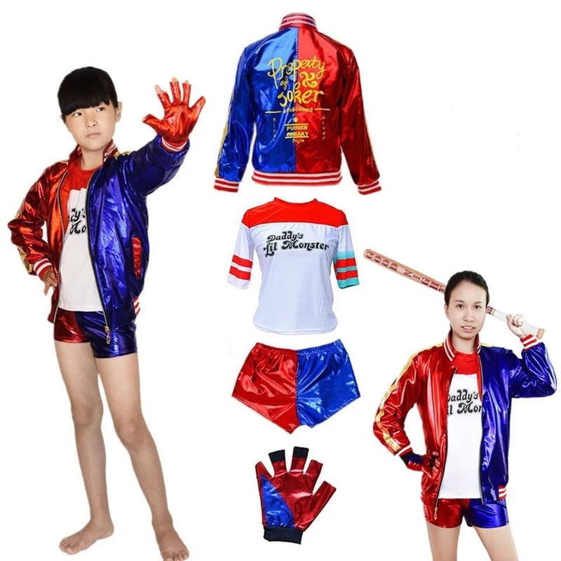 Harley Squad Quinn Costume Carnival Cosplay Girl Xmas Set Kids Adult Clown Female Jacket Shorts Suit Halloween Costumes For Kids 11-12Y S2523253