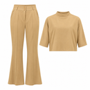 Women’s Camel Beige Mock-Neck Top & Flared Trousers Set-D6