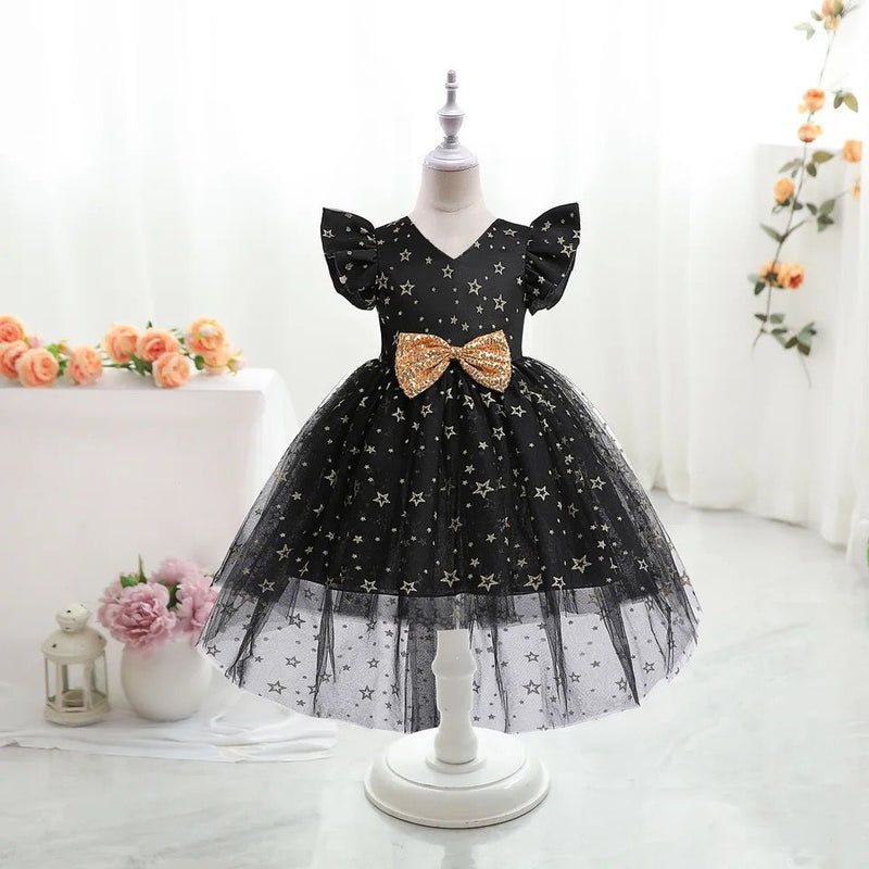 Summer Kids Clothes Pretty Korean Little Girls Dresses Stars Pring Princess Party Costume Vestidos Bow Tie Outfits Clothing 5-6Y S4652787