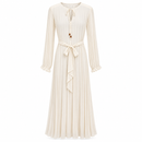 M-L Size Ivory Pleated Long-Sleeve Maxi Dress with Tie Belt MC-A49