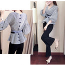 Women Fashion Striped V-Neck Blouse Tops Lantern Sleeve Buttoned Shirt with Belt   B195153 - TUZZUT Qatar Online Shopping