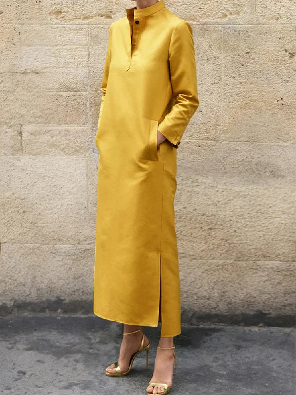 Long Sleeves Loose Solid Color Split-Side Stand Collar Midi Dresses S 125254