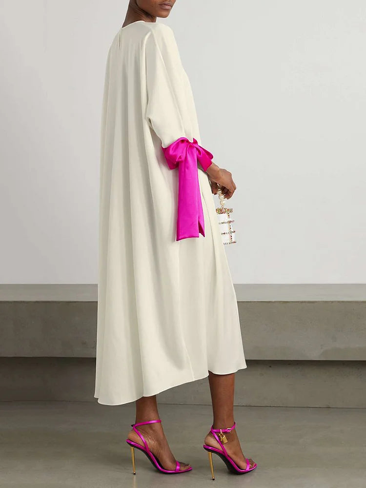Loose Seven-Quarter Sleeves Contrast Color Round-Neck Midi Dresses S 115709 Loose Seven-Quarter Sleeves Contrast Color Round-Neck Midi Dresses S 115709