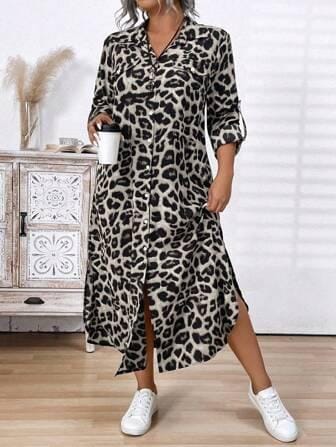 Front Button Long Sleeve Leopard Print Casual Long Dress Maxi Women Outfit 070933 Front Button Long Sleeve Leopard Print Casual Long Dress Maxi Women Outfit 070933