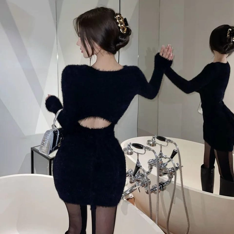 Winter Clothes Women Evening Dresses Bodycon Long Sleeve Backless Night Knit Elegant Mini Sweaters Sexy Black party Dress L S4481970 - Tuzzut.com Qatar Online Shopping