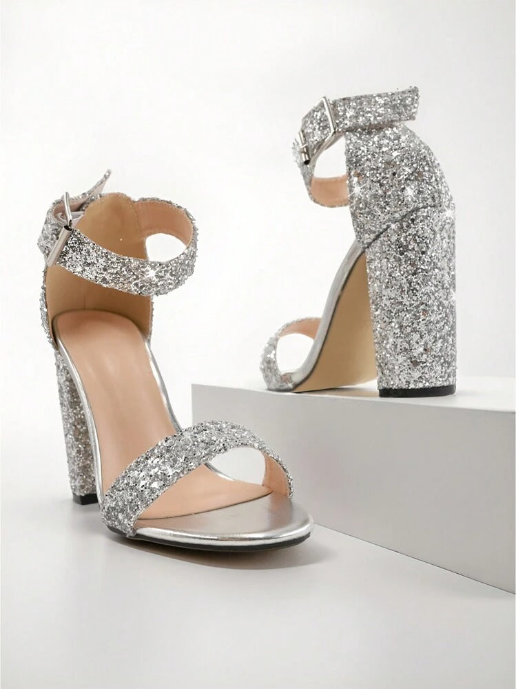 Glamorous Sequin Decoration Ankle Strap Chunky Silver Sparkly Heeled Sandal S4974417