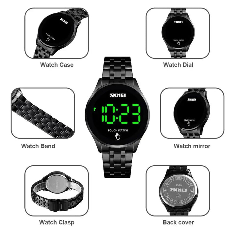 SKMEI Fashion Men Led Light Touch Screen Digital Watches Stainless Steel