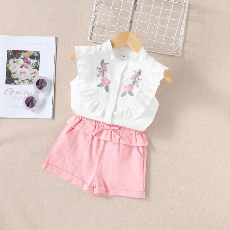 Girls Two Piece Clothes Set Ruffle Sleeve Embroidery Shirt Bow Shorts Outfit 8-9 S3142319