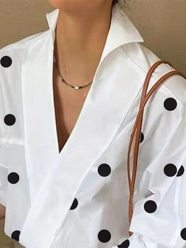 Womens Loose Puff Sleeves Polka-Dot Lapel Collar Blouse 119701 L Womens Loose Puff Sleeves Polka-Dot Lapel Collar Blouse 119701 L
