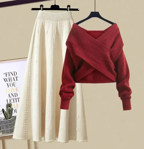 Winter Knitted Pullover Red Sweater + Apricot Skirt 57396 - TUZZUT Qatar Online Shopping