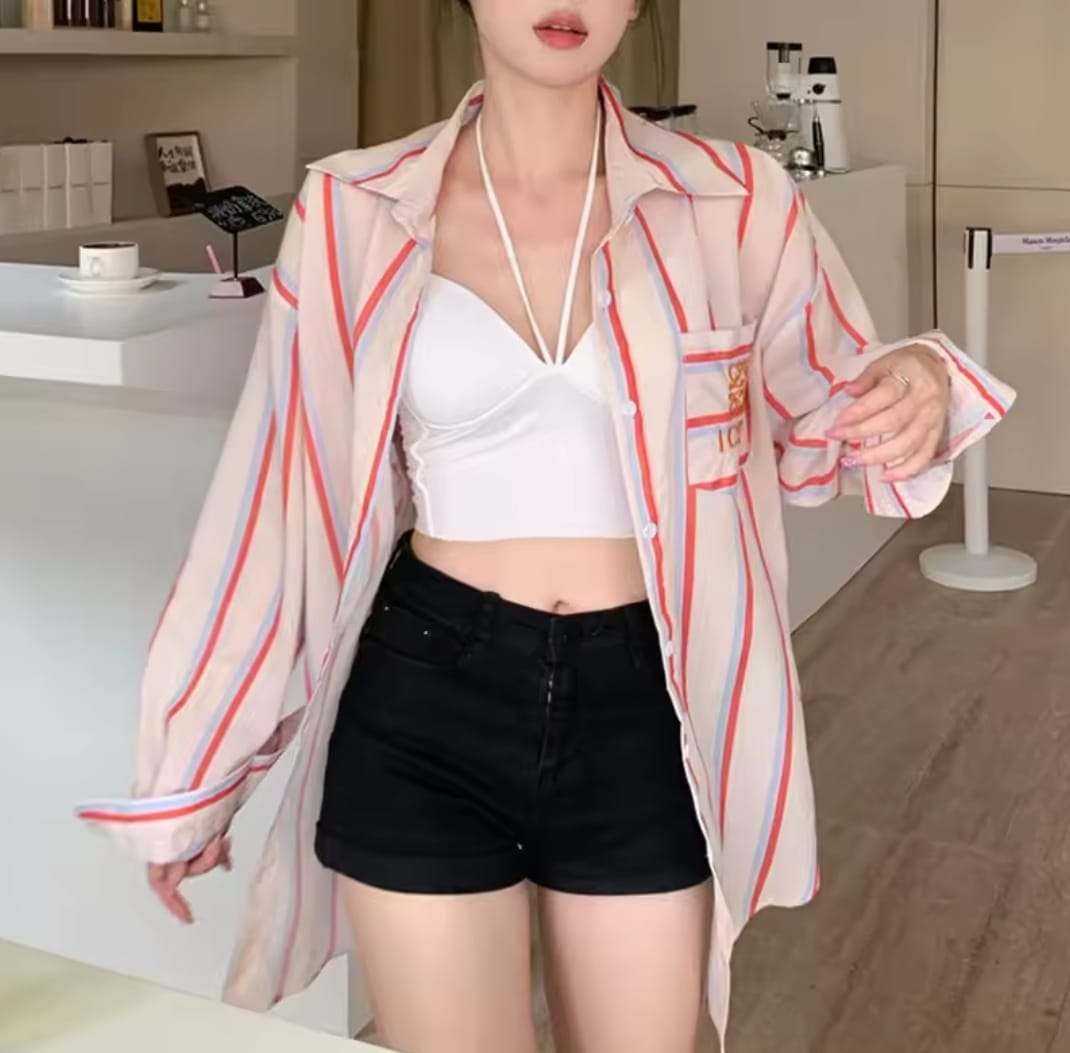 Korean Striped Long Sleeve Blouse Coat L9600 Korean Striped Long Sleeve Blouse Coat L9600