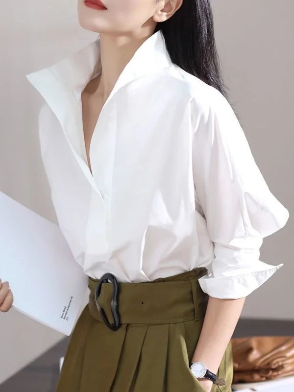 Long Sleeves Loose Solid Color Lapel Collar Blouses & Shirts Tops 121839