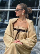 Buttoned Long Sleeves Collarless Outerwear Top + Wide Leg Belted Jumpsuits Two Pieces Set 150697 - TUZZUT Qatar Online Shopping