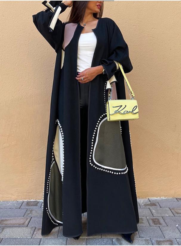Black winter abaya designed with colorful net and pearls L 070988778