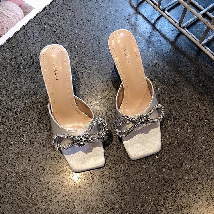 Rhinestone Bow Square Toe Women's High Heels 628 - TUZZUT Qatar Online Shopping