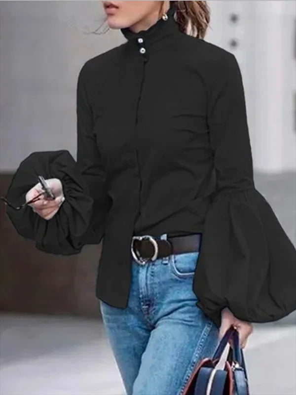 Urban Solid Color Stand Collar Puff Sleeves Blouse 92151 Urban Solid Color Stand Collar Puff Sleeves Blouse 92151