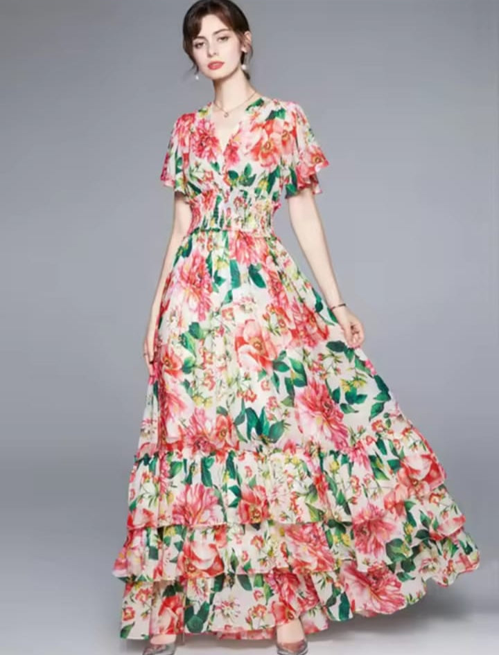Women's Bohemian Floral Maxi Dress, Bohemian Flower Print, V Neck, Butterfly Sleeve, Elastic Waist, Cascading Ruffles, Long, Summer X4465536 Women's Bohemian Floral Maxi Dress, Bohemian Flower Print, V Neck, Butterfly Sleeve, Elastic Waist, Cascading Ruffles, Long, Summer X4465536