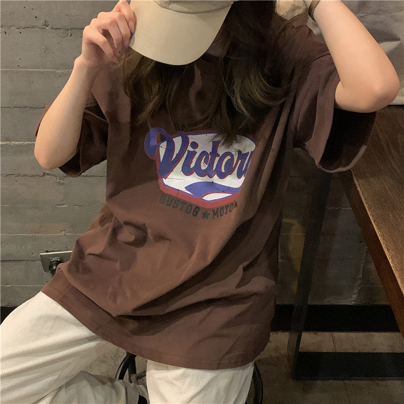 Letter Printing Three-quarter Sleeve T-shirt For Women's New Loose Lazy Style Simple top S4510724 - Tuzzut.com Qatar Online Shopping