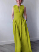 A-Line Loose Pleated Pockets Split-Joint Zipper Round-Neck Maxi Dresses 163220 - TUZZUT Qatar Online Shopping