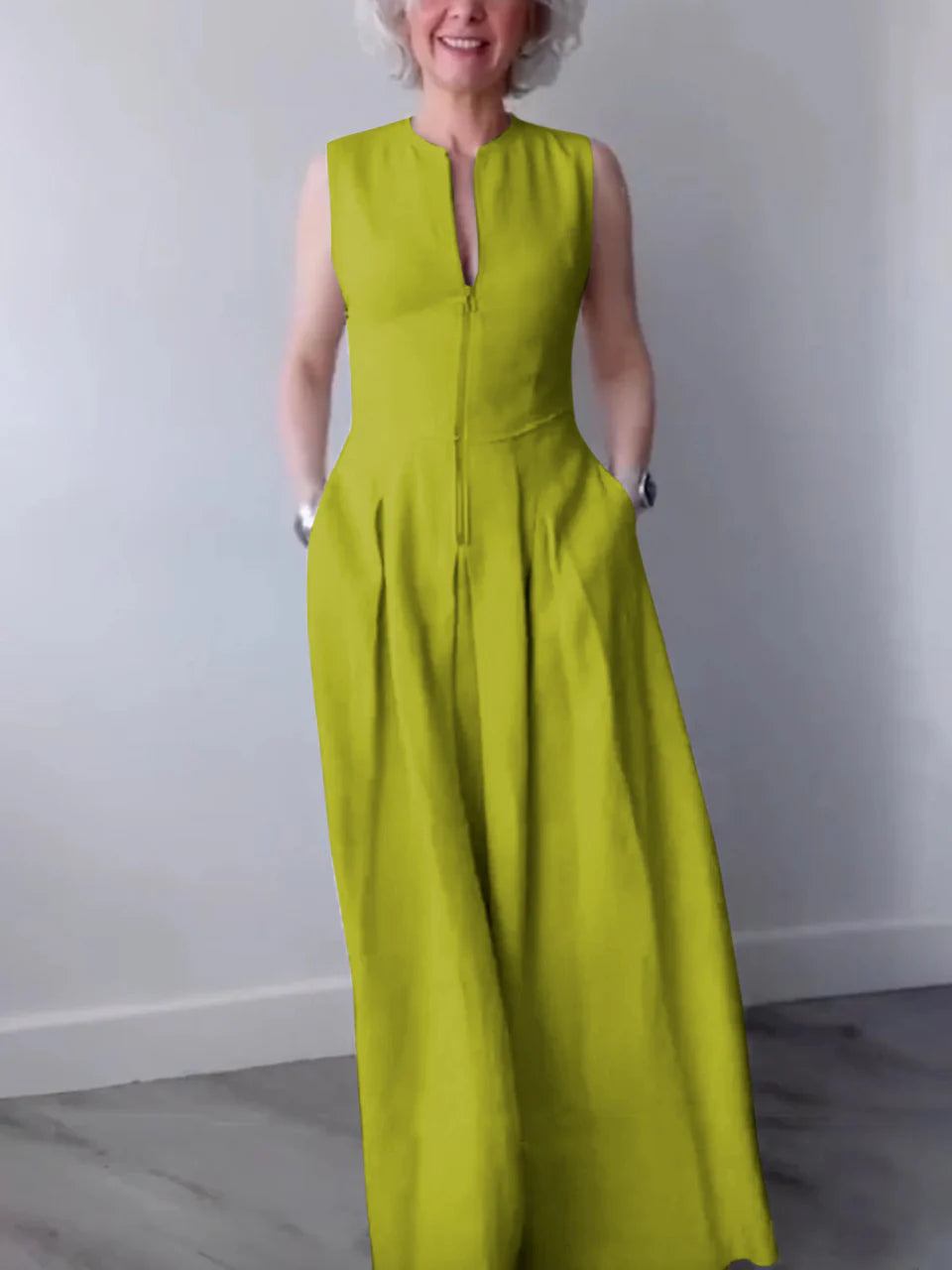 A-Line Loose Pleated Pockets Split-Joint Zipper Round-Neck Maxi Dresses 163220 A-Line Loose Pleated Pockets Split-Joint Zipper Round-Neck Maxi Dresses 163220