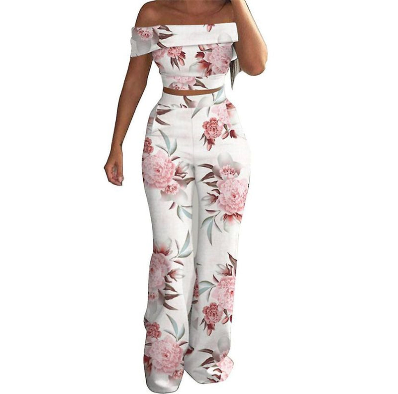 Women Floral Off Shoulder Crop Tops + Long Pants XL S4604927
