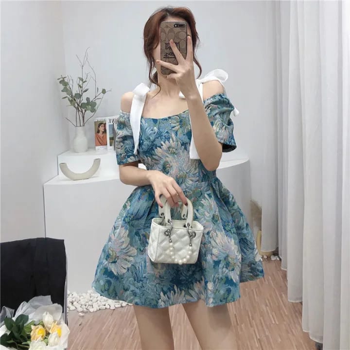 Large size French retro puff sleeve dress fat girl waist thin floral dress X4462338 - Tuzzut.com Qatar Online Shopping