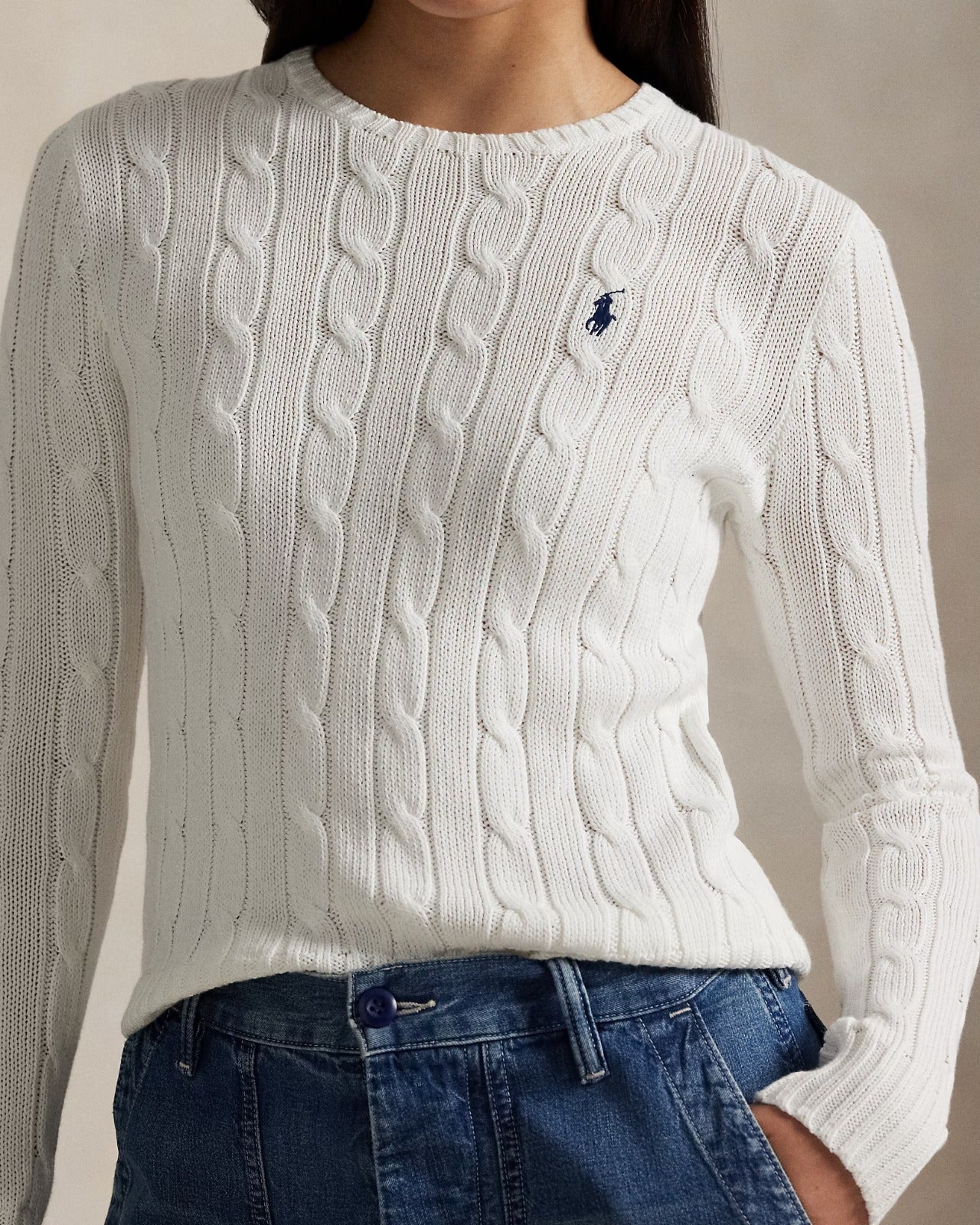 Cable-Knit Cotton Crewneck Jumper White 7014481