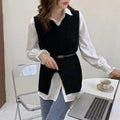 Summer new solid Turn-down Collar blouse and knit VEST Set Women Two Pieces Sets Clothing B-42888 - Tuzzut.com Qatar Online Shopping