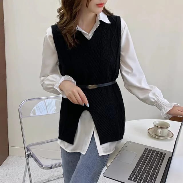 Summer new solid Turn-down Collar blouse and knit VEST Set Women Two Pieces Sets Clothing B-42888 - Tuzzut.com Qatar Online Shopping