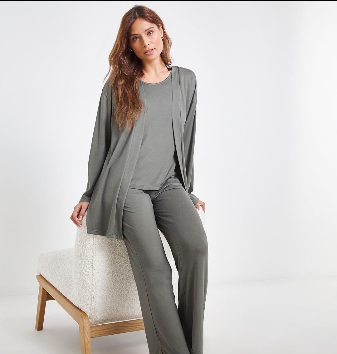 Open Front Cardigan, Top, and Wide-Leg Pant Three-piece Women's Outfit 148508 Open Front Cardigan, Top, and Wide-Leg Pant Three-piece Women's Outfit 148508