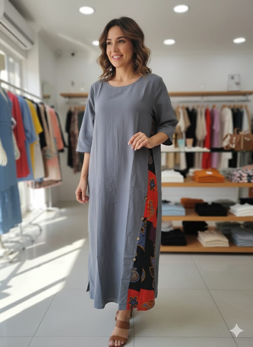 Vintage Stitching Printed Sleeve Side Buttons Maxi Dress MD5557