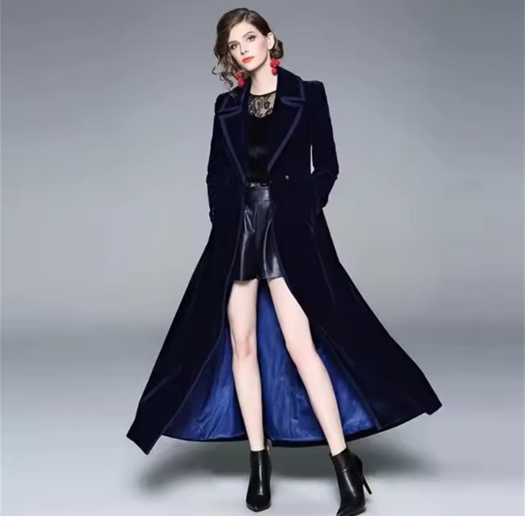 Women Velvet Long Windbreaker Coat B-381932 Women Velvet Long Windbreaker Coat B-381932