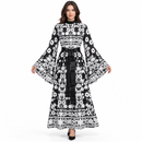 Women’s Black & White Floral Bell-Sleeve Maxi Dress with Sash - M