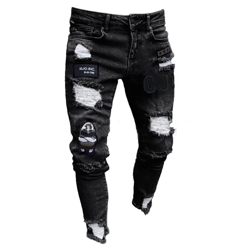 White Embroidery Jeans Men Cotton Stretchy Ripped Skinny Jeans High Quality Hip Hop Black Hole Slim Fit Oversize Denim Pants S3100551