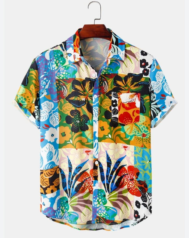 ChArmkpR European and American men's Hawaiian holiday style flower contrast creative stitching printed shirt S3113557