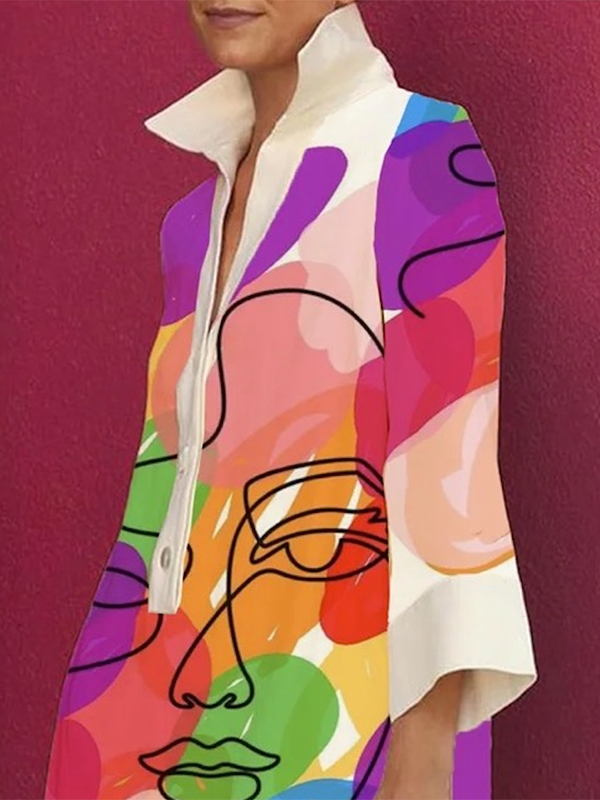 Loose Three-Quarter Sleeves Buttoned Contrast Color Figure Printed Lapel Collar Mini Dresses 119877 Loose Three-Quarter Sleeves Buttoned Contrast Color Figure Printed Lapel Collar Mini Dresses 119877
