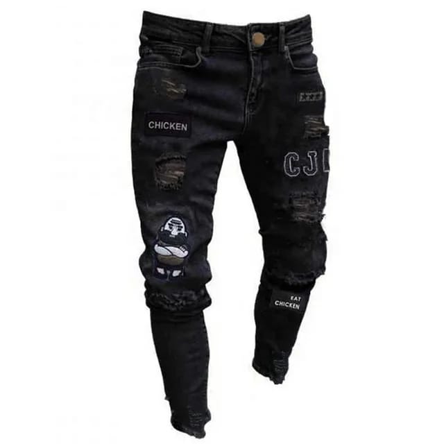High Street Men Ripped Patched Jeans Custom Zipper Stretch Men's Skinny Denim Boyfriend Pants S S1294522 - Tuzzut.com Qatar Online Shopping