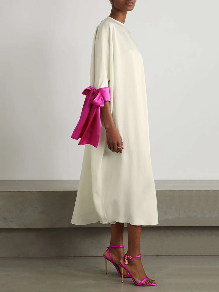 Loose Seven-Quarter Sleeves Contrast Color Round-Neck Midi Dresses S 115709 Loose Seven-Quarter Sleeves Contrast Color Round-Neck Midi Dresses S 115709