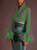 Fashion Falbala Flared Sleeves Printed Lapel Collar Blouses&Shirts Tops 117240 - L - TUZZUT Qatar Online Shopping