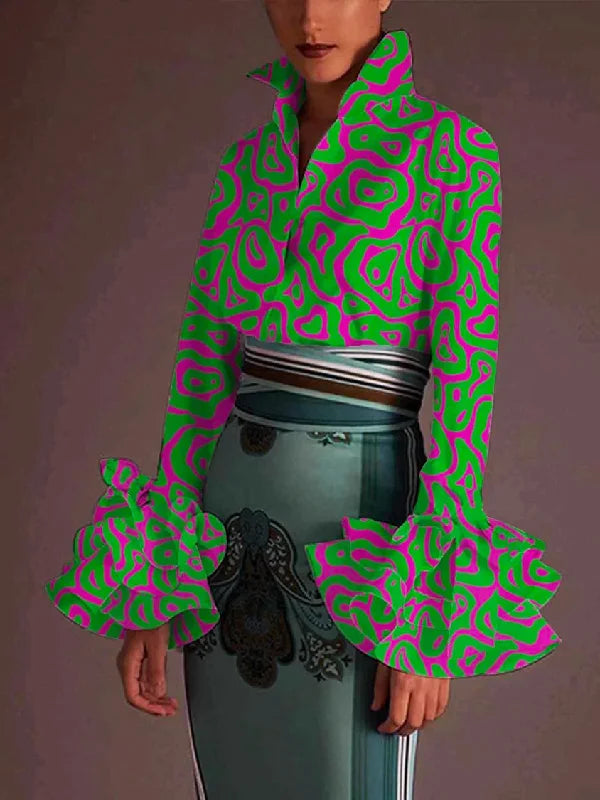 Fashion Falbala Flared Sleeves Printed Lapel Collar Blouses&Shirts Tops 117240 - L Fashion Falbala Flared Sleeves Printed Lapel Collar Blouses&Shirts Tops 117240 - L