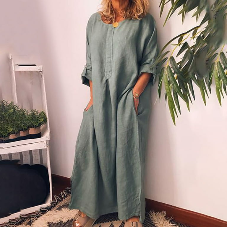 Women's Cotton Linen Dress with Pocket Loose Dress Kaftan Dress Long Sleeve Summer Maxi Casual Sundress B75973 Women's Cotton Linen Dress with Pocket Loose Dress Kaftan Dress Long Sleeve Summer Maxi Casual Sundress B75973
