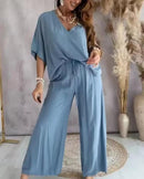 Women's V-Neck Bat Sleeve Casual Loose Wide Leg Pants Set Solid Homewear Summer 2 Way Trousers Sets  B264661 - TUZZUT Qatar Online Shopping