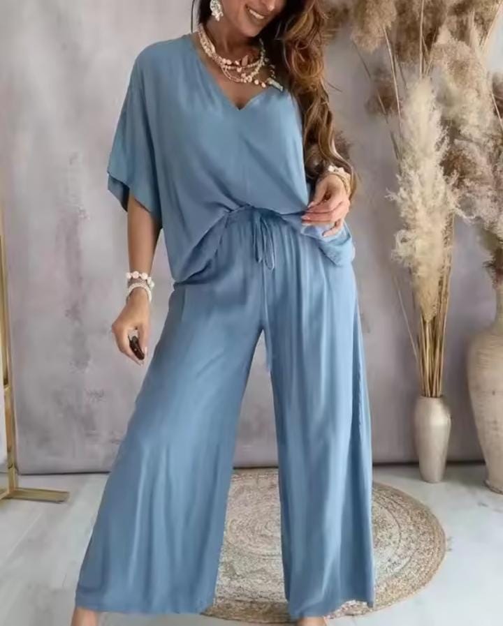 Women's V-Neck Bat Sleeve Casual Loose Wide Leg Pants Set Solid Homewear Summer 2 Way Trousers Sets B264661 Women's V-Neck Bat Sleeve Casual Loose Wide Leg Pants Set Solid Homewear Summer 2 Way Trousers Sets B264661