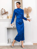 Mock Neck Jacquard Split Hem Satin Dress SHN656 - TUZZUT Qatar Online Shopping