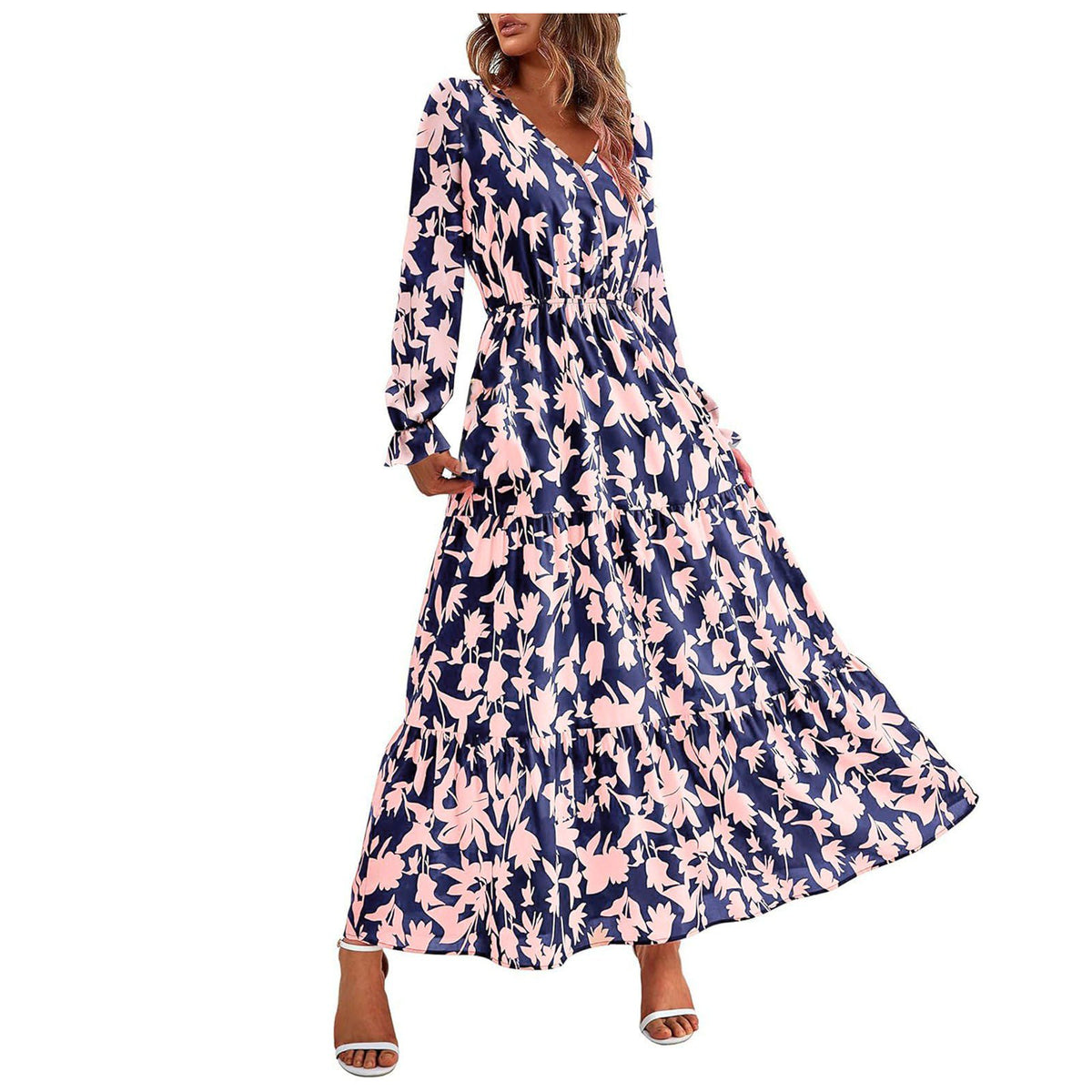 Casual Long Sleeve V Neck Maxi Dress MD6565