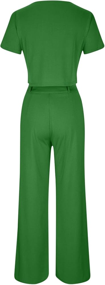 Women's 2 Piece Business Casual Outfits Solid Color Pants Sets Short Sleeve Crop Top and Wide Leg Dress Pants B306776 Women's 2 Piece Business Casual Outfits Solid Color Pants Sets Short Sleeve Crop Top and Wide Leg Dress Pants B306776