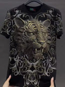 New Fashion Trend Lion Hot Diamonds Rhinestones Black Summer Luxury Men T-Shirt   2073020 - TUZZUT Qatar Online Shopping