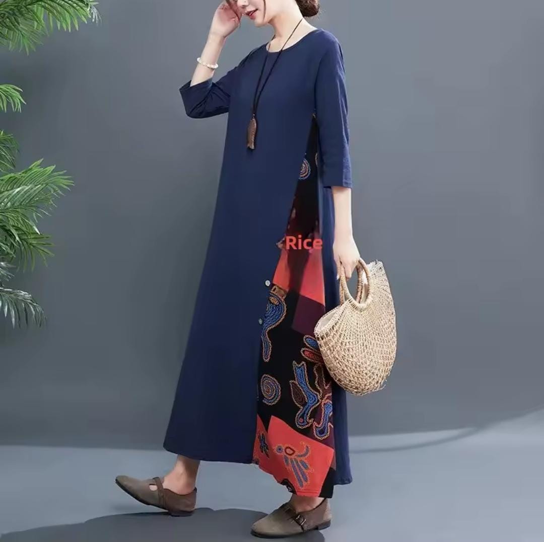 Women's Fashion Print Round Neck Long Dress B-160038 Women's Fashion Print Round Neck Long Dress B-160038
